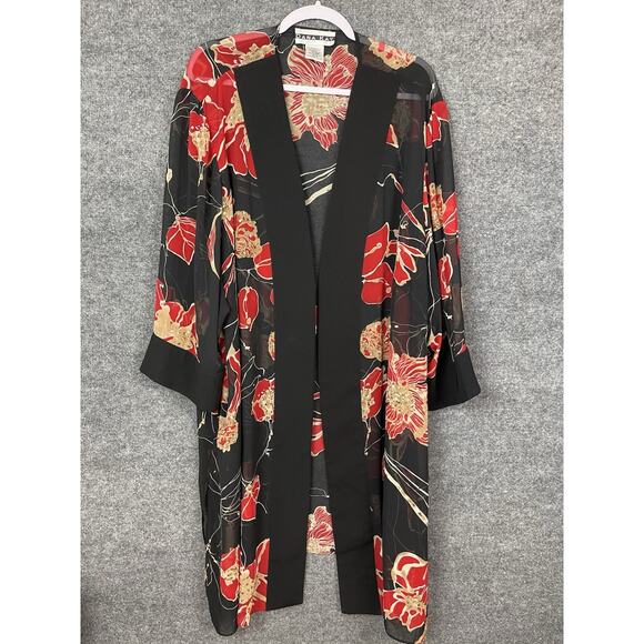 Kimono Duster Black Floral Print Open Front Lightweight OS Boho - Picture 4 of 12